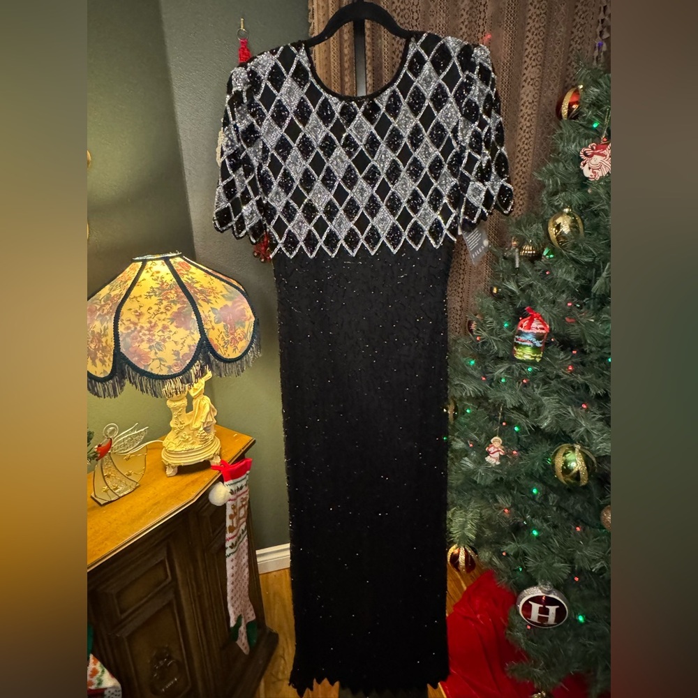 VTG Lawrence Kazar Black and Silver Beaded Dress